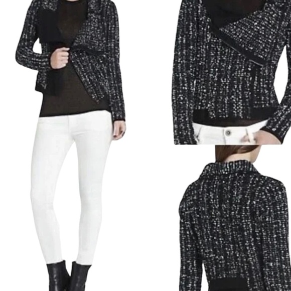 BCBGMAXAZRIA 100% Cotton Reeve Moto Cardigan Boucle Tweed Cropped Jacket Sz S - Picture 1 of 10